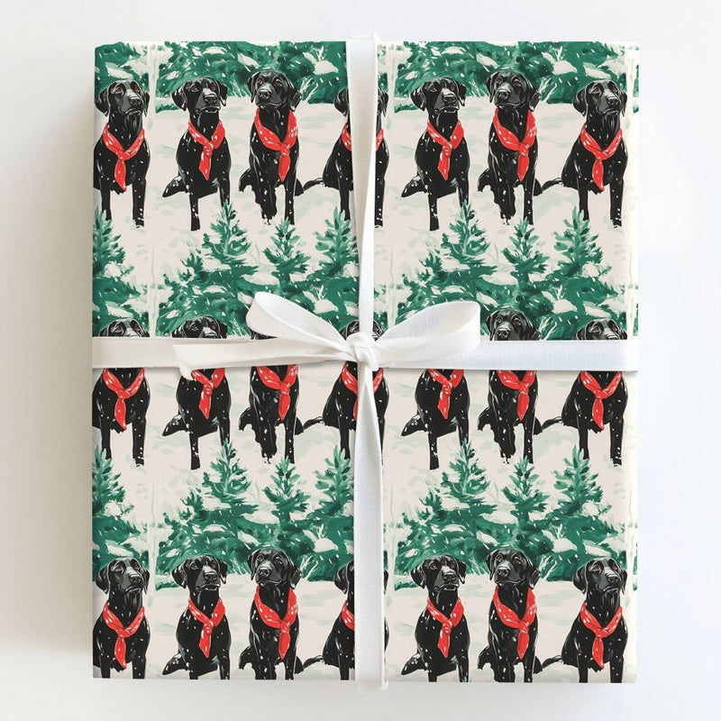 Red Scarf Dog Holiday Gift Wrap, Black Labrador Wrapping Paper, Snowy Winter Christmas Wrapping Paper, Dog Lover Wrapping Paper Roll
