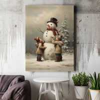 Snowman Winter Children Poster, Vintage Christmas Wall Art Digital Download, Retro Holiday Landscape Print, Nostalgic Xmas Decor Printable