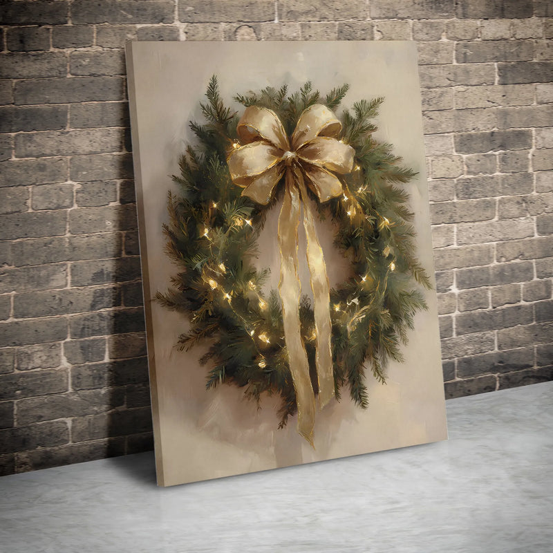 Gold Bow Fairy Lights Canvas Print, Christmas Wreath Canvas Wall Art, Holiday Floral Canvas Art, Winter Season Wall Decor, Xmas Family Present