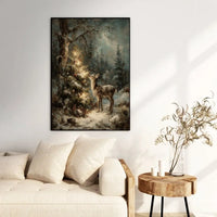 Vintage Woodland Fawn Lit Tree Painting, Christmas Deer Wall Art, Holiday Fawn Print, Comfy Winter Forest Poster, Christmas Decor Present