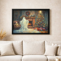 Spooky Adorable Holiday Fireplace Poster, Ghost Christmas Tree Canvas Wall Art, Comfy Winter Scene Print, Digital Download Xmas Decor