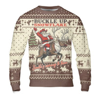 Buckle Up Snowflake Holiday Sweater, Western Cowboy Santa Sweatshirt, Retro Rodeo Xmas Crewneck, Country Christmas Pullover