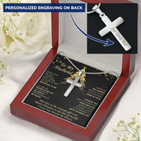Engraved Religious Cross Pendant, Personalized Cross Necklace for Husband, Stainless Steel Mens Faith Jewelry, Meaningful Christmas Present Him