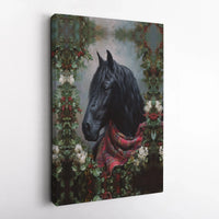 Christmas Equestrian Canvas Print, Black Horse Canvas Wall Art, Holiday Plaid Scarf Horse Canvas, Farmhouse Wall Decor, Horse Lover Present