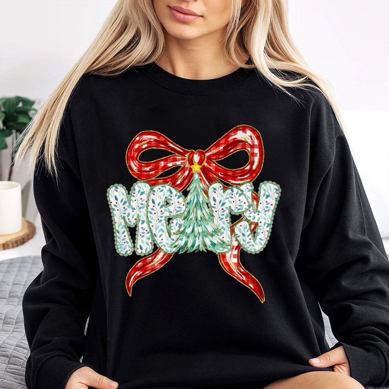 Xmas Tree Bow Sweater, Coquette Christmas Sweatshirt, Merry Christmas Crewneck, Preppy Holiday Sweatshirt, Adorable Winter Pullover for Women