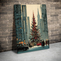 Retro New York Holiday Street Scene Print, Vintage NYC Christmas Canvas Art, Winter NYC Tree Canvas Wall Art, Festive City Wall Canvas