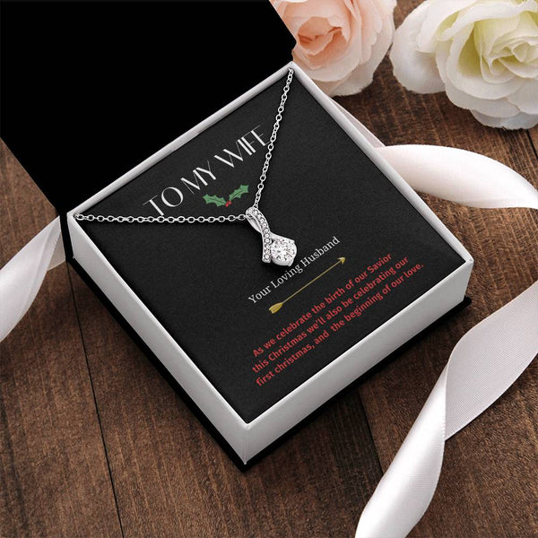 14k White Gold CZ Ribbon Pendant Necklace, To My Wife Christmas Necklace, Holiday Wife Necklace, Romantic Christmas Present f