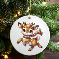 Cartoon Deer with Scarf Ornament, Adorable Baby Reindeer Christmas Ornament, Festive Ceramic Tree Ornament, Holiday Keepsake Decoration Present