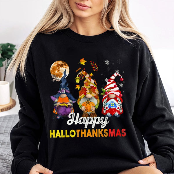 Halloween Thanksgiving Christmas Sweater, Hallothanksmas Gnome Sweatshirt, Adorable Trio Holiday Gnome Crewneck, Comfy Fall W