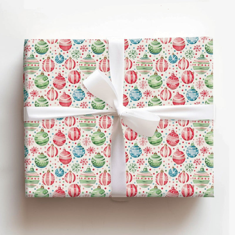 Christmas Ornament Gift Wrap, Watercolor Bauble Wrapping Paper, Festive Snowflake Wrapping Paper, Holiday Confetti Wrapping Paper Roll