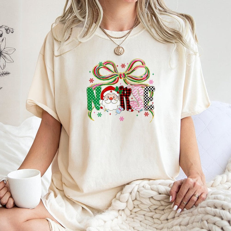 Santa Coquette Bow Medical Tee, Christmas Nurse T-Shirt, Adorable Holiday Nurse Shirt, Festive Healthcare Worker T-Shirt, Nurse Present for Her