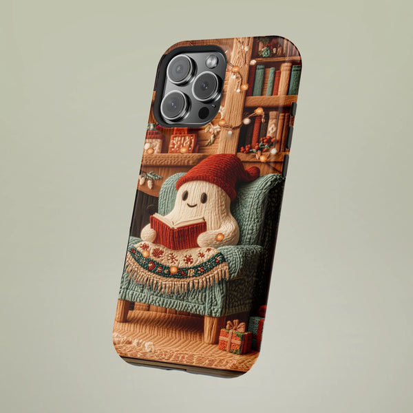 Comfy Fireplace Reading Ghost Phone Case, Christmas Ghost Phone Case for iPhone, Bookish Winter Holiday Tough Cover, Bookworm