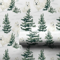 Watercolor Winter Pine Tree Gift Wrap, Samoyed Dog Wrapping Paper, Holiday Samoyed Wrapping Paper, Christmas Dog Lover Gift Wrapping Paper