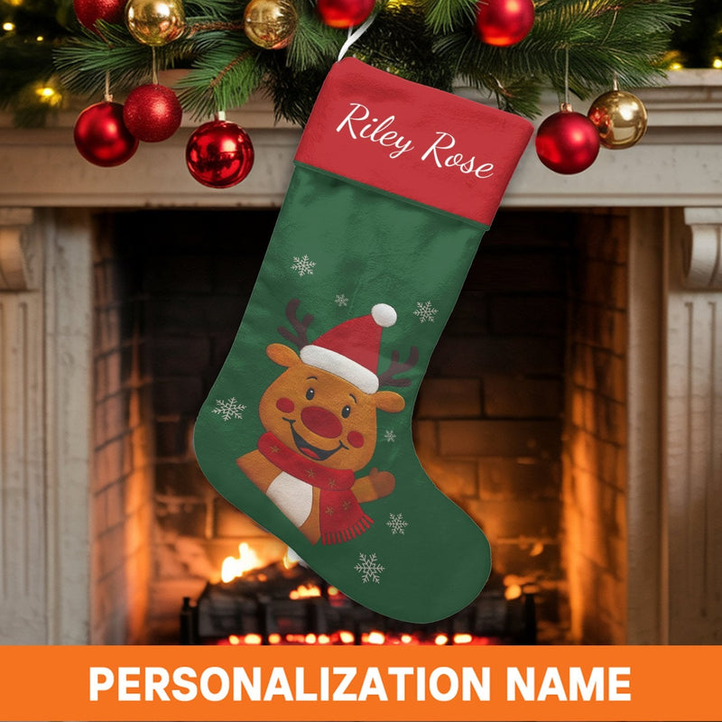 Snowflake Holiday Stocking, Adorable Reindeer Christmas Stocking, Personalized Christmas Stocking, Custom Name Stocking, Kids Xmas Present Decor