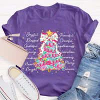 Aesthetic Holiday Graphic Tee, Joyful Peaceful Cheerful Christmas Tree T-Shirt, Retro Xmas Tree Shirt, Festive Winter Holiday Party Top