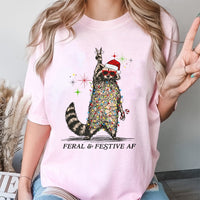 Tangled Christmas Lights Raccoon Shirt, Feral and Festive AF Raccoon T-Shirt, Humorous Holiday Graphic Tee, Ugly Christmas Party Raccoon Tee