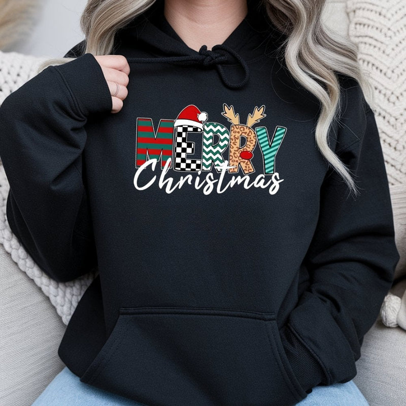 Leopard Plaid Santa Hat Reindeer Hoodie, Merry Christmas Hoodie, Festive Holiday Hooded Sweatshirt, Winter Christmas Reindeer Pullover Present