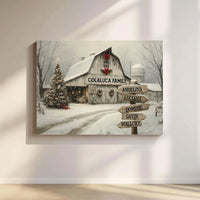 Winter Landscape Canvas Print, Snowy Barn Christmas Canvas Wall Art, Family Name Signpost Art, Digital Download Canvas, Holiday Home Decor