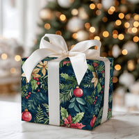 Gold Ornament Holiday Gift Wrap, Navy Poinsettia Christmas Wrapping Paper, Botanical Winter Wrapping Paper, Festive Floral Gift Wrap Roll