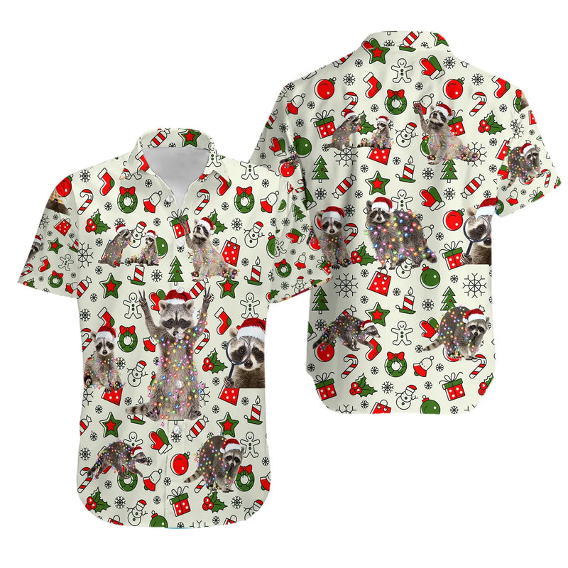 Festive Holiday Raccoon Aloha Shirt, Christmas Raccoon Hawaiian Shirt, Fun Xmas Animal Button Down Shirt, Wildlife Casual Graphic Shirt