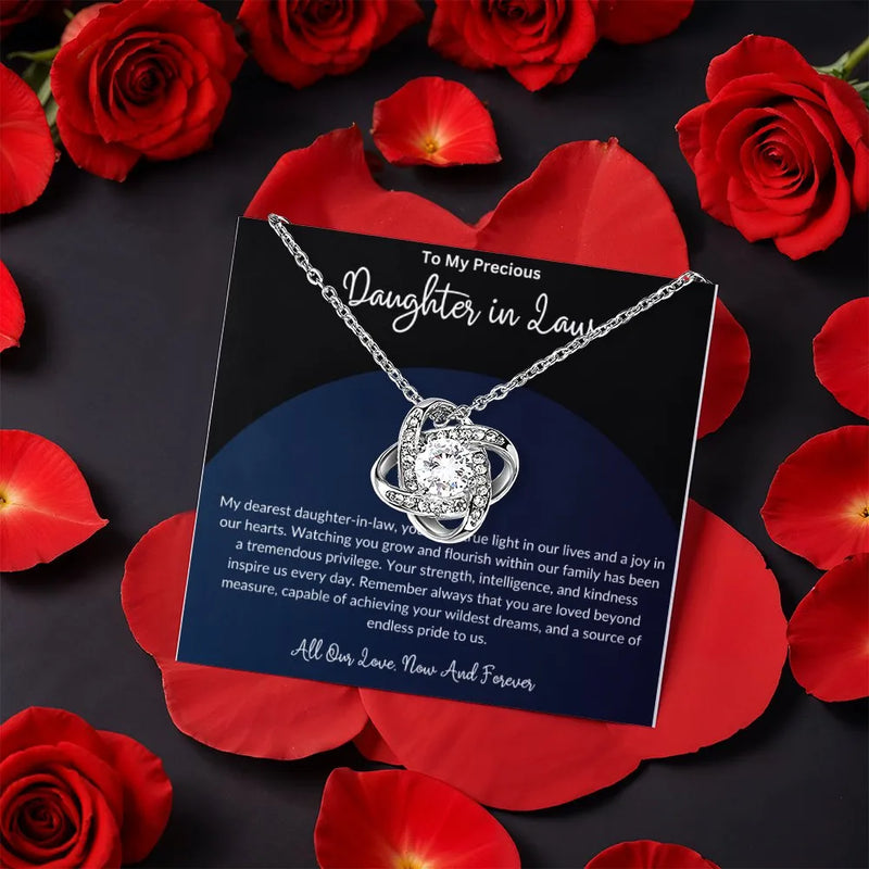 Gold Finish Love Knot Pendant, Daughter in Law Love Knot Necklace with Rotating Rose Box, Love Knot Jewelry, Birthday Christmas Present