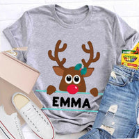 Custom Name Reindeer Holiday Graphic Tee, Personalized Christmas Elk Bow Shirt, Adorable Christmas Elk T-Shirt, Festive Winter Holiday Present