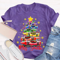 Custom Name Holiday Shirt, Personalized Christmas Tree T-Shirt, Colorful Crayon Snowflake Graphic Tee, Kids Family Christmas Tee