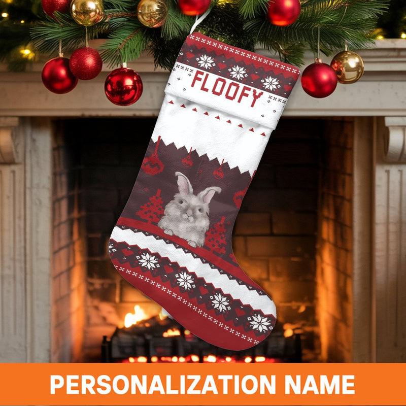 Nordic Pattern Bunny Christmas Stocking, Personalized Rabbit Christmas Stocking, Adorable Bunny Holiday Stocking, Pet Lover Xmas Mantel Decor