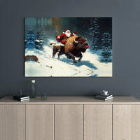 Whimsical Snowy Forest Christmas Canvas Print, Santa Riding Bison Canvas Wall Art, Holiday Buffalo Canvas Decor, Winter Holiday Canvas Art
