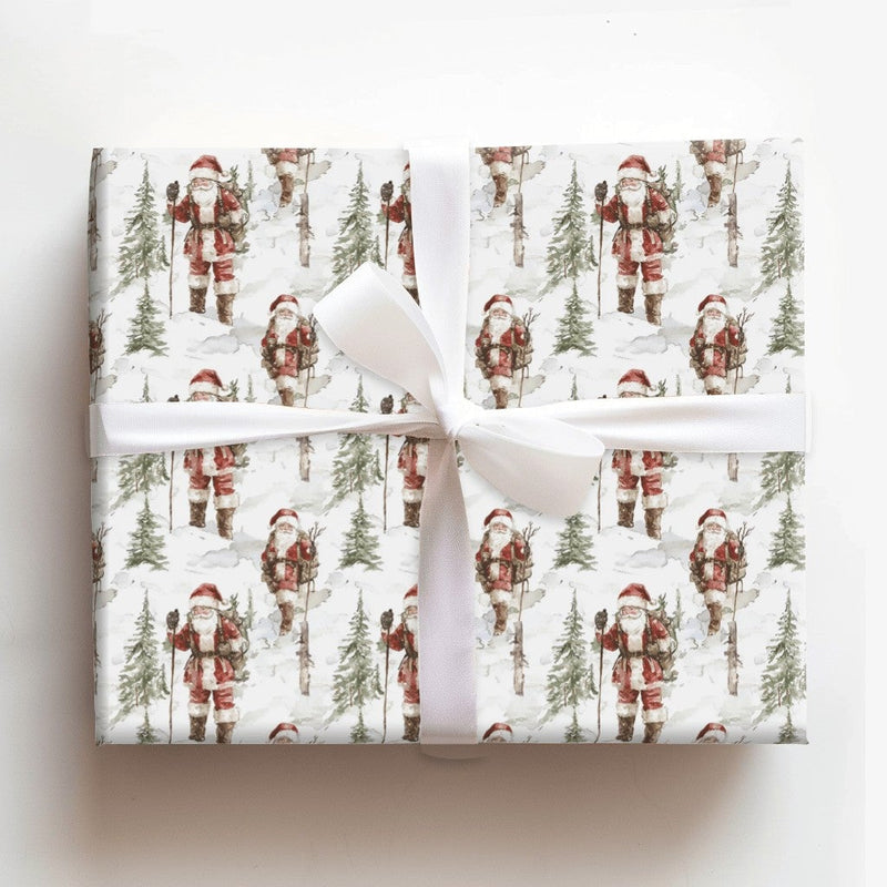 Snowy Forest Christmas Gift Wrap, Vintage Hiking Santa Wrapping Paper, Watercolor Santa Claus Present Paper, Rustic Holiday Present Paper Roll