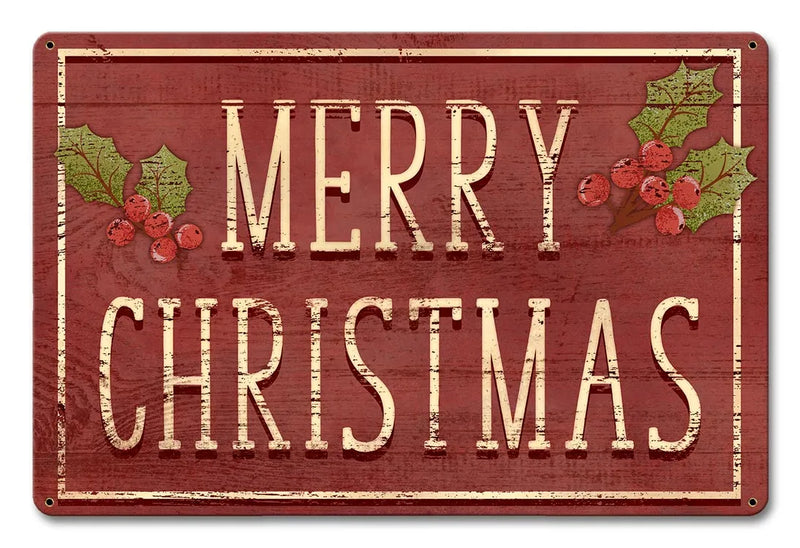 Vintage Holiday Wall Art, Merry Christmas Holly Metal Sign, Festive Christmas Tin Sign, Rustic Winter Metal Sign, Holiday Home Decor