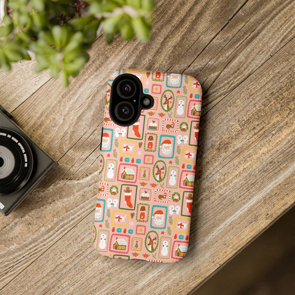 Adorable Holiday Santa Reindeer Phone Case, Christmas Postage Stamp iPhone Case, Festive Winter Tough Case, Xmas Present for 