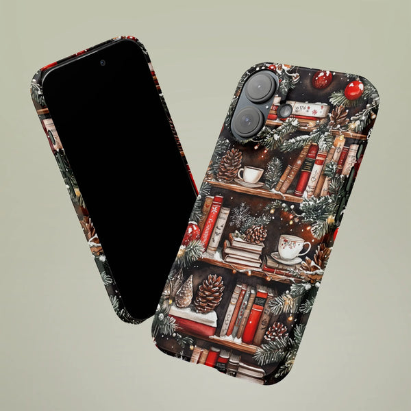 Vintage Books Watercolor Phone Cover, Christmas Bookshelf iPhone Case, Pine Cones Tough Case, Comfy Holiday Bookworm Cover, B