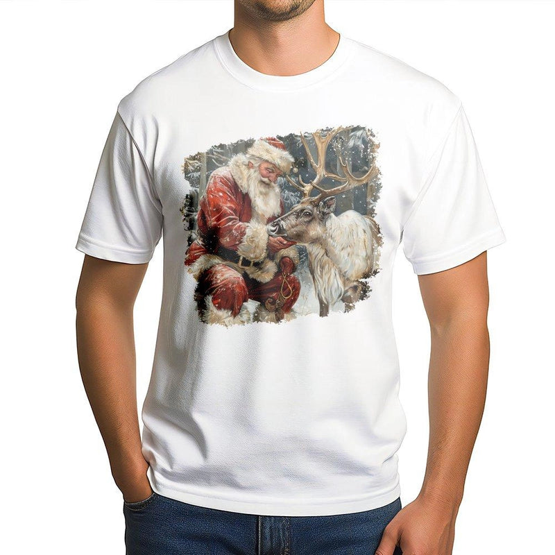 Realistic Winter Christmas Graphic Tee, Santa Claus and Reindeer T-Shirt, Vintage Holiday Season Shirt, Xmas Graphic Top