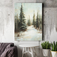 Snowy Pine Tree Path Painting Print, Winter Forest Canvas Wall Art, Serene Christmas Landscape Poster, Digital Download Decor