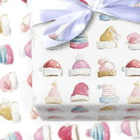 Pastel Santa Beanie Christmas Wrapping Paper, Watercolor Winter Hat Wrapping Paper, Comfy Holiday Wrapping Paper Roll, Festive Gift Wrap