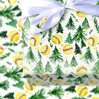 Watercolor Sports Holiday Gift Wrap, Softball Christmas Wrapping Paper, Softball Coach Present Paper, Christmas Tree Sports Wrapping Paper