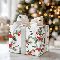 Watercolor Holly Berries Gift Wrap, Winter Birds Wrapping Paper, Christmas Wrapping Paper Roll, Nature Lover Festive Holiday Wrap Paper