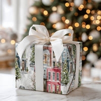 Snowy Winter Townhouse Holiday Gift Wrap, Watercolor Christmas Village Wrapping Paper, Festive Winter City Wrapping Paper, Christmas Wrap