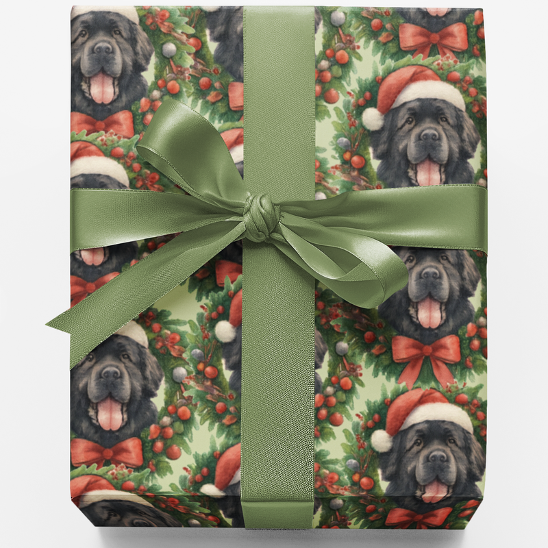 Santa Hat Pup Holiday Gift Wrap, Newfoundland Dog Christmas Wrapping Paper, Adorable Dog Lover Wrapping Paper, Xmas Present Wrap, Dog Gift Wrap