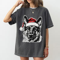 Santa Hat Dog Graphic Tee, German Shepherd Christmas T-Shirt, Festive German Shepherd Shirt, Adorable Dog Lover Holiday T-Shirt, Xmas Dog Present