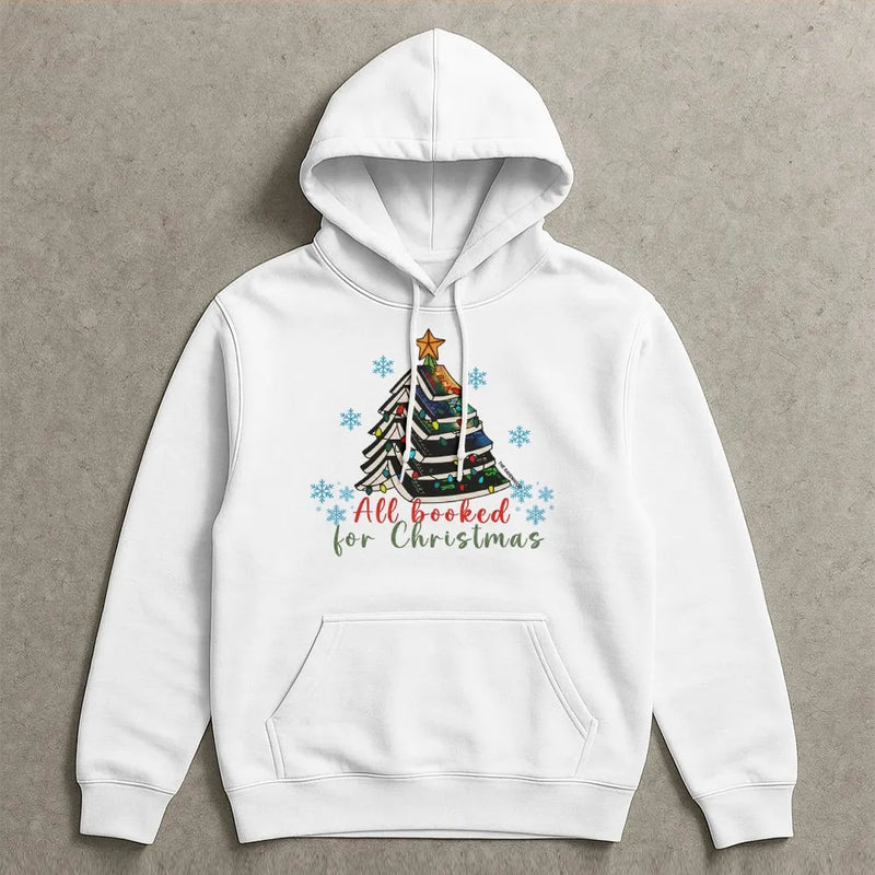 Book Lover Christmas Tree Hoodie, All Booked for Christmas Hoodie, Bookish Holiday Hooded Sweatshirt, Reader Christmas Tree Pullover Hoodie