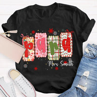 Custom Name Holiday Graphic Tee, Personalized Color Block Christmas T-Shirt, Matching Family Xmas Shirt, Festive Present Top