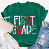 Custom Holiday Font 1st Grade Tee, Personalized First Grade Christmas Shirt, Teacher Student Xmas T-Shirt, Christmas Grade Shirt