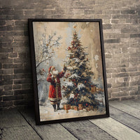 Snowy Christmas Tree Canvas Print, Vintage Santa Claus Canvas Wall Art, Nostalgic Holiday Santa Canvas Decor, Rustic Winter Wall Art Present