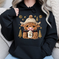 Faux Embroidery Scottish Cow Hoodie, Highland Cow Christmas Hoodie, Comfy Winter Farm Animal Hooded Sweatshirt, Xmas Highland Cow Pullover