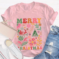 Colorful Flowers Holiday Trees Tee, Christmas Floral Tree Shirt, Botanical Xmas Graphic T-Shirt, Festive Winter Holiday Apparel