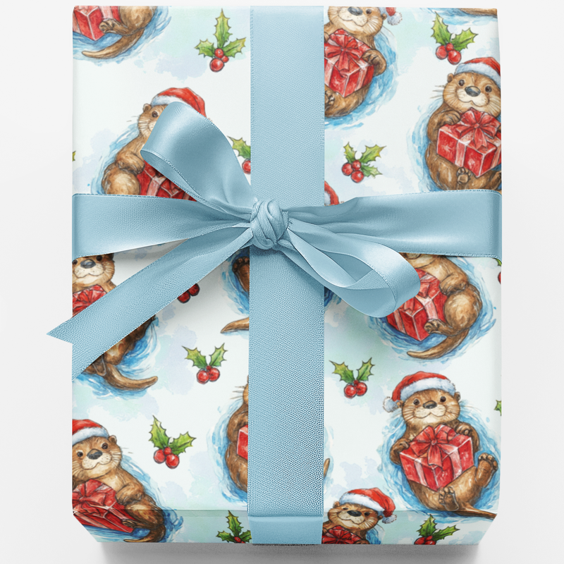 Watercolor Animal Santa Hat Gift Wrap, Adorable Otter Christmas Wrapping Paper, Whimsical Holiday Present Paper, Otter Lover Present Packaging