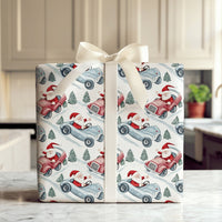 Retro Car Christmas Gift Wrap, Santa Vintage Race Car Wrapping Paper, Watercolor Auto Holiday Present Paper, Festive Xmas Gift Wrap