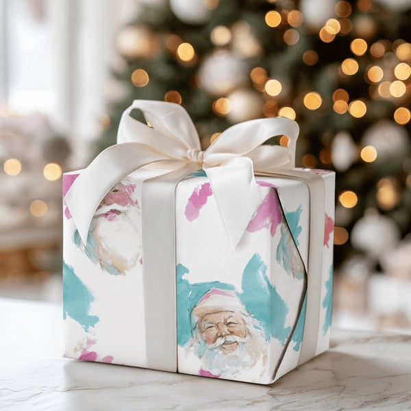 Pink and Teal Christmas Wrapping Paper, Watercolor Santa Wrapping Paper, Modern Santa Holiday Wrapping Paper Roll, Festive Pr